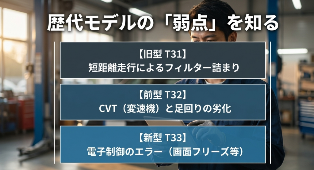 T31型のフィルター詰まり、T32型のCVTと足回り劣化、T33型の電子制御エラーなど歴代エクストレイル特有の弱点