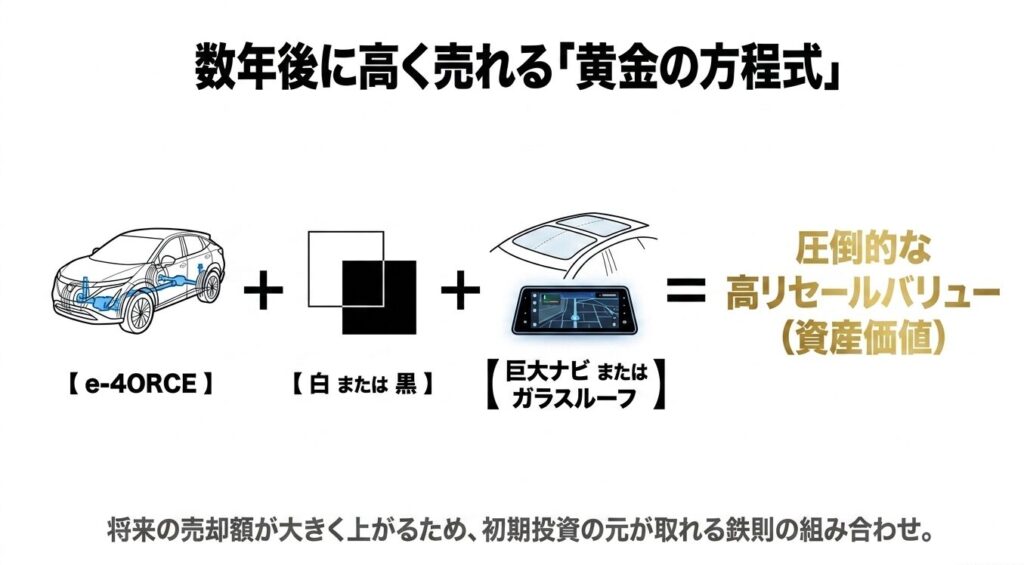 駆動方式e-4ORCE、ボディカラー白または黒、巨大ナビまたはガラスルーフを組み合わせることで将来の売却額が大きく上がり、初期投資の元が取れるという高リセールバリューの鉄則を示したスライド