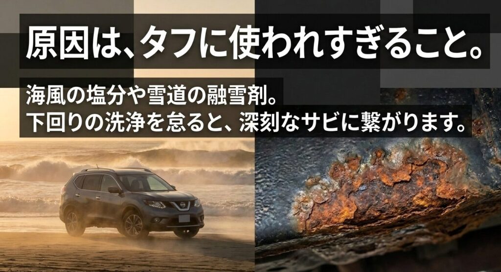 海風の塩分や雪道の融雪剤による下回りのサビなど、エクストレイルがタフに使われすぎることによるダメージ