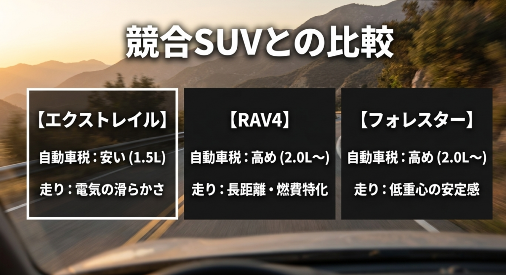 エクストレイル、RAV4、フォレスターの自動車税と走りの特徴を比較した表