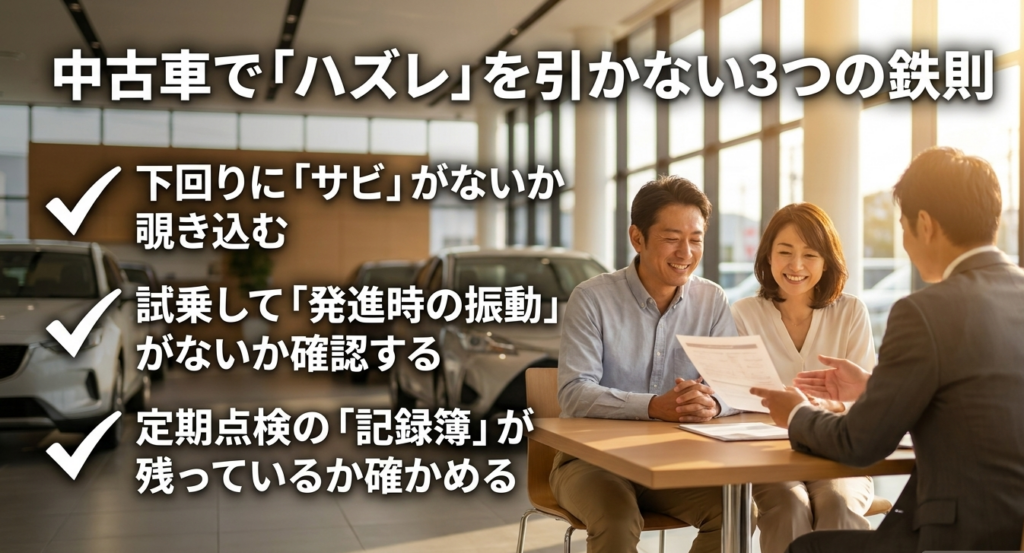 中古車でハズレを引かないための3つの鉄則(下回りのサビ確認、試乗での振動確認、定期点検記録簿の確認)