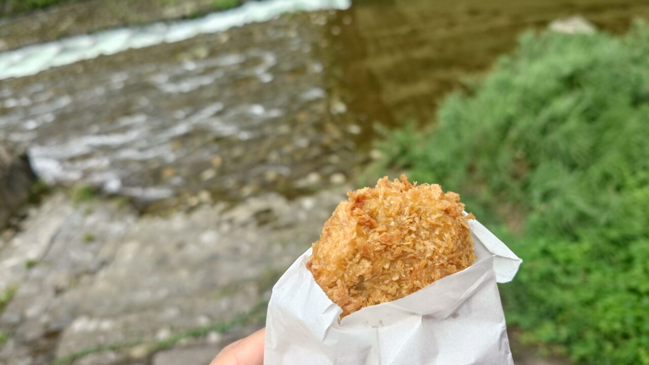 川治温泉の川を眺めながら食べた揚げたてのコロッケ