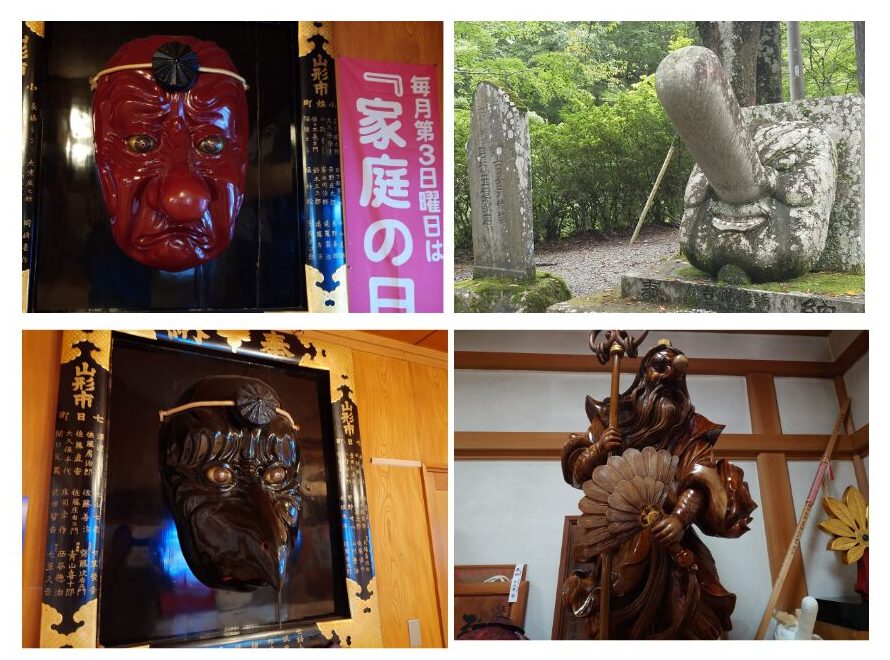 古峯神社にある赤と黒の大きな天狗面や石像など天狗にまつわる展示