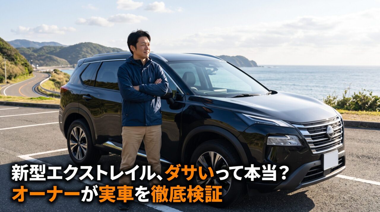 海沿いの道路で黒い新型エクストレイルの横に腕を組んで立つオーナーの男性。画像には「新型エクストレイル、ダサいって本当？ オーナーが実車を徹底検証」という文字。ブログのアイキャッチ画像。