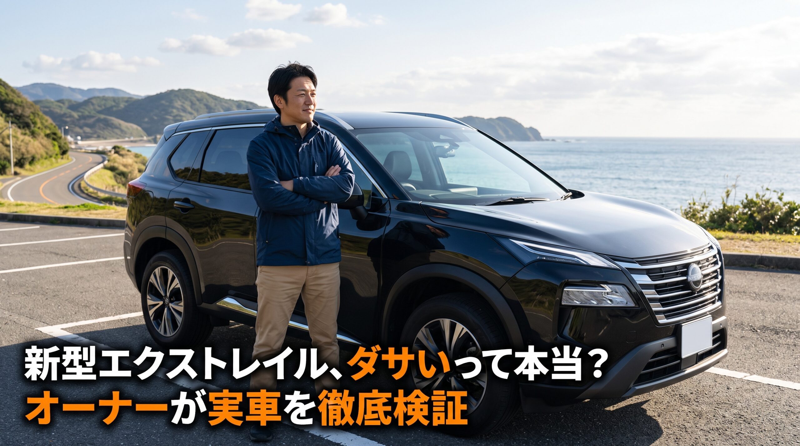海沿いの道路で黒い新型エクストレイルの横に腕を組んで立つオーナーの男性。画像には「新型エクストレイル、ダサいって本当？ オーナーが実車を徹底検証」という文字。ブログのアイキャッチ画像。