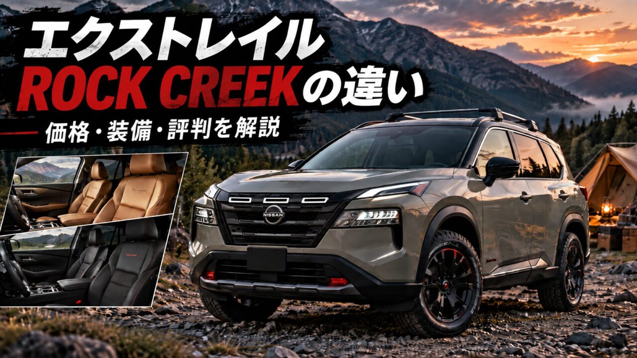 湖と山のキャンプ場を背景に、日産エクストレイル ROCK CREEKを正面右寄りから撮影したアイキャッチ画像。価格・違い・装備を解説する記事用ビジュアル。