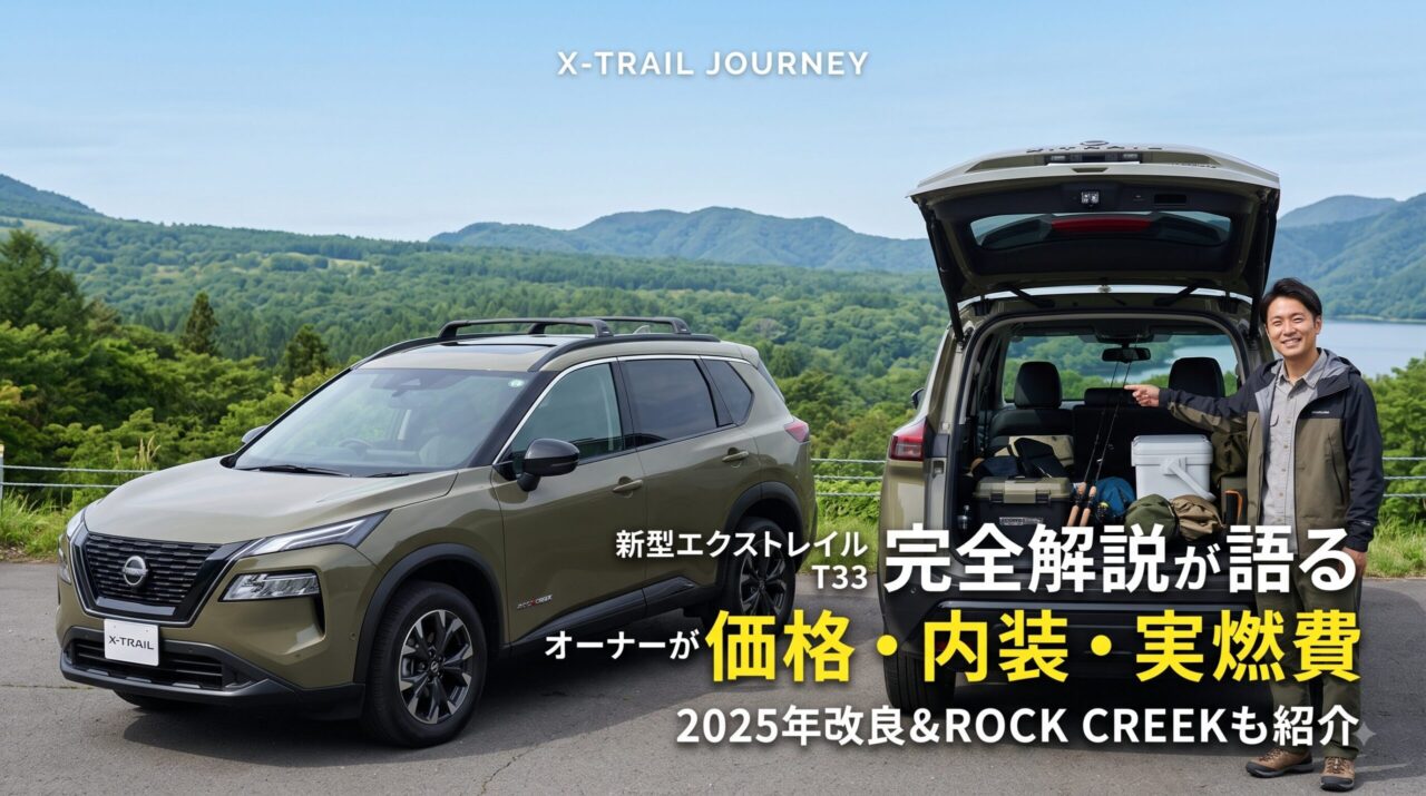 自然豊かな山と湖を背景に、オリーブグリーンの新型日産エクストレイルT33型(ROCK CREEKグレード)2台と日本人のオーナー男性が写るブログ記事アイキャッチ画像。1台はリアハッチを開け、釣具が積まれた荷室を男性が指差している。画像には『新型エクストレイル T33 完全解説』『オーナーが語る 価格・内装・実燃費』『2025年改良&ROCK CREEKも紹介』の文字が含まれる。
