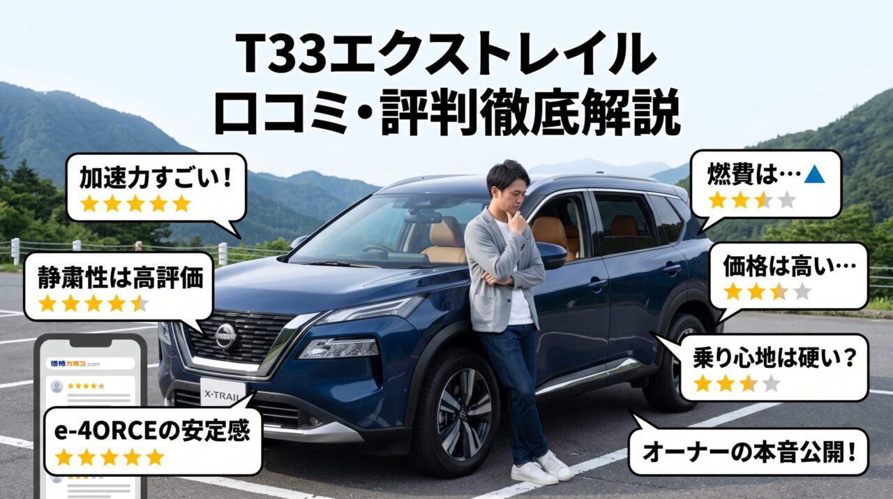 日産T33型エクストレイルと、その横で悩むようなポーズをとるオーナー男性の画像。「T33エクストレイル 口コミ・評判徹底解説」という見出しと共に、メリット(加速、静粛性、e-4ORCEの安定感)とデメリット(燃費、価格、乗り心地)を表す星評価付きの口コミフキダシが配置されている。
