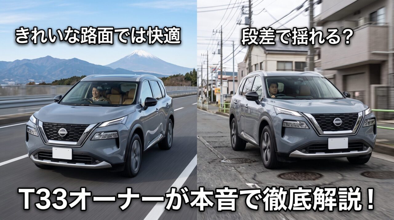 日産エクストレイルT33型の乗り心地を「きれいな路面」と「段差のある路面」で比較する、オーナーによる本音解説記事のサムネイル画像