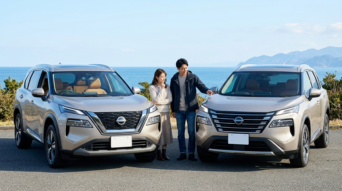 自然豊かな展望台駐車場で、日産エクストレイルT33型の前期型（左、タンカラー）と後期型（右、ダークグリーン）を並べて比較する笑顔の日本人男性オーナー。