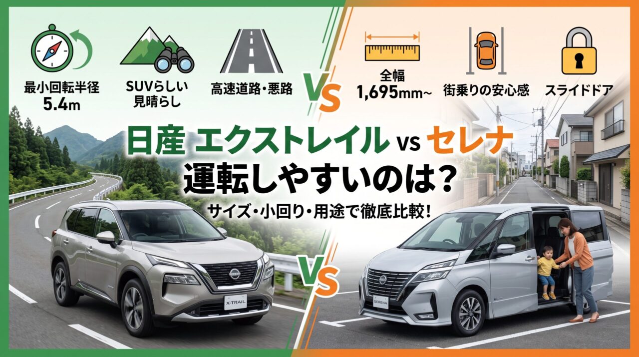 日産のエクストレイルとセレナの運転しやすさを比較する画像。「日産 エクストレイル vs セレナ 運転しやすいのは？」のテキストと、最小回転半径、全幅、用途別の特徴がアイコンと実車写真で示されている