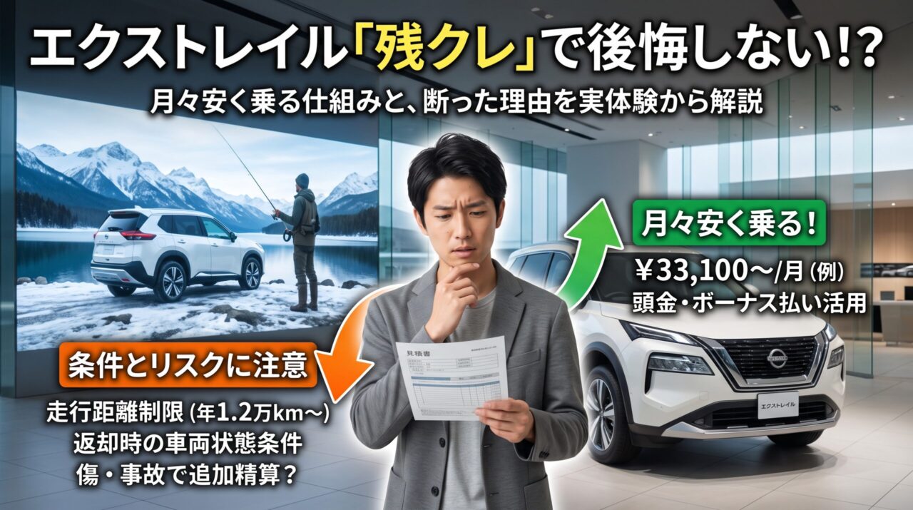 日産エクストレイルの「残クレ」について、月々の支払いの安さと、走行距離制限や返却条件といったリスクを対比させ、実体験に基づき解説する画像。