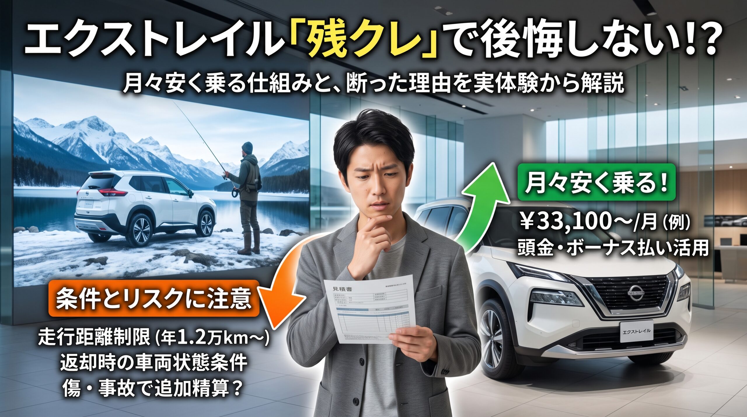 日産エクストレイルの「残クレ」について、月々の支払いの安さと、走行距離制限や返却条件といったリスクを対比させ、実体験に基づき解説する画像。