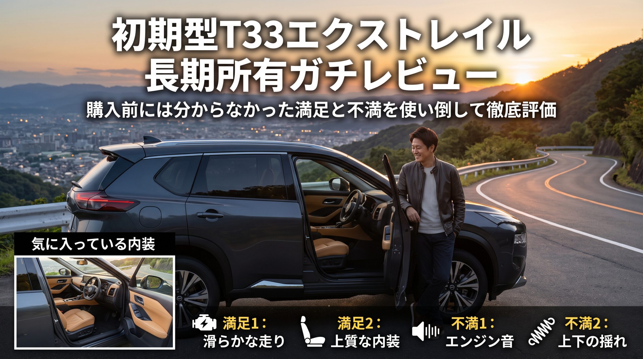 夕暮れのワインディングロードに停まる日産エクストレイルT33とオーナー男性。初期型の長期所有レビューを伝えるサムネイル画像。「滑らかな走り」「上質な内装」の満足点と「エンジン音」「上下の揺れ」の不満点を使い倒して徹底評価、と記載