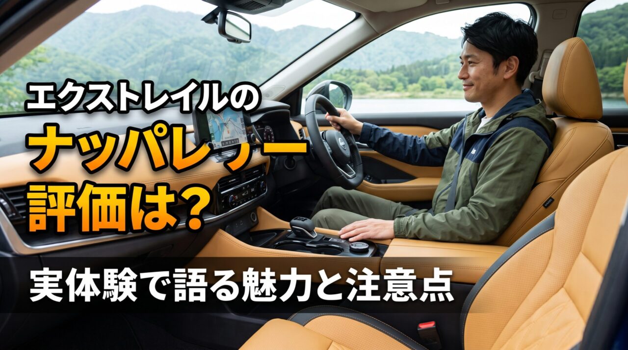 日産エクストレイルのタンカラーナッパレザーシートに座る男性と、「エクストレイルのナッパレザー評価は?実体験で語る魅力と注意点」という見出し文字