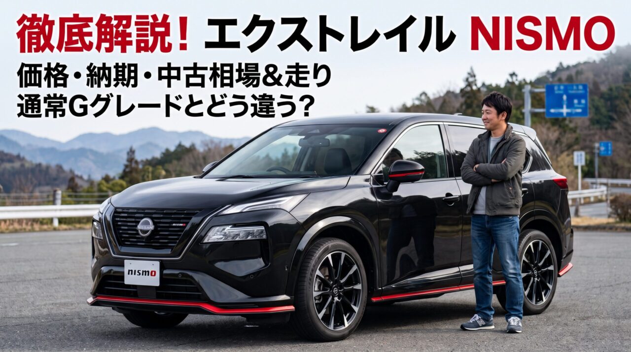 エクストレイルNISMOの黒い車体と専用エアロパーツを紹介するアイキャッチ画像。新車価格・納期・中古相場・走行性能と通常Gグレードとの違いを解説