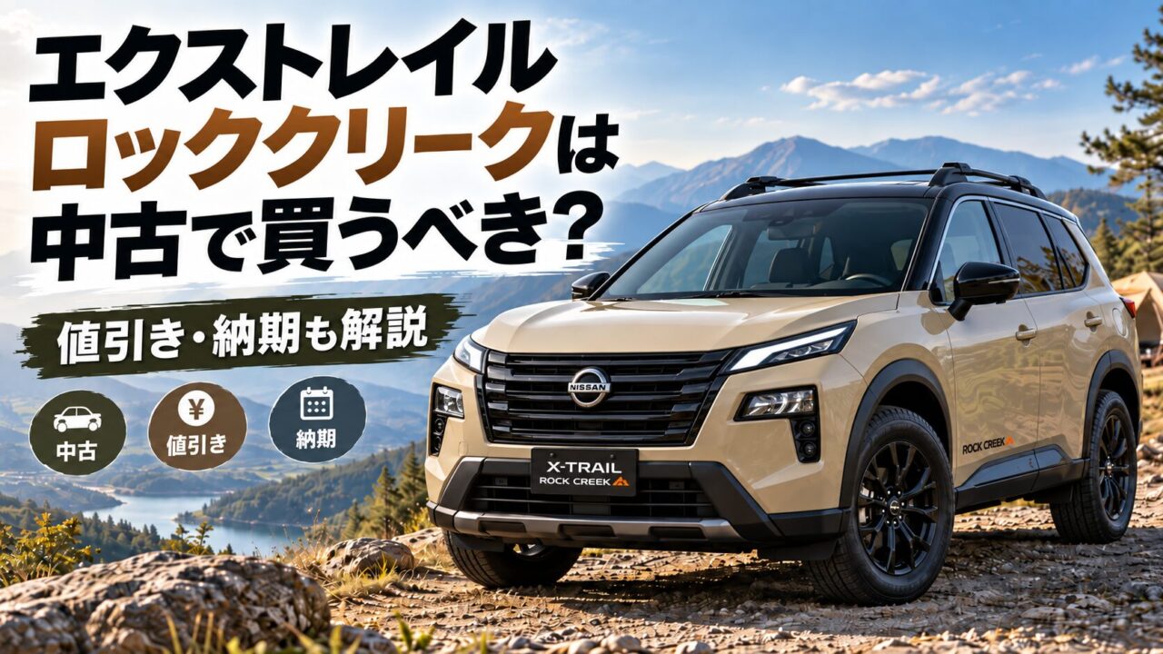 山岳風景を背景にした日産エクストレイル ロッククリークの外観と、中古・値引き・納期の解説を示したアイキャッチ画像